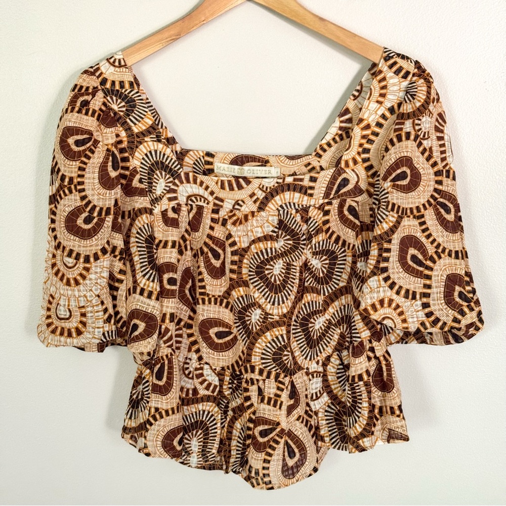 Marie Oliver Kaylee Top in Mosaic Print Short Sleeve Brown Boho Fall Size Small